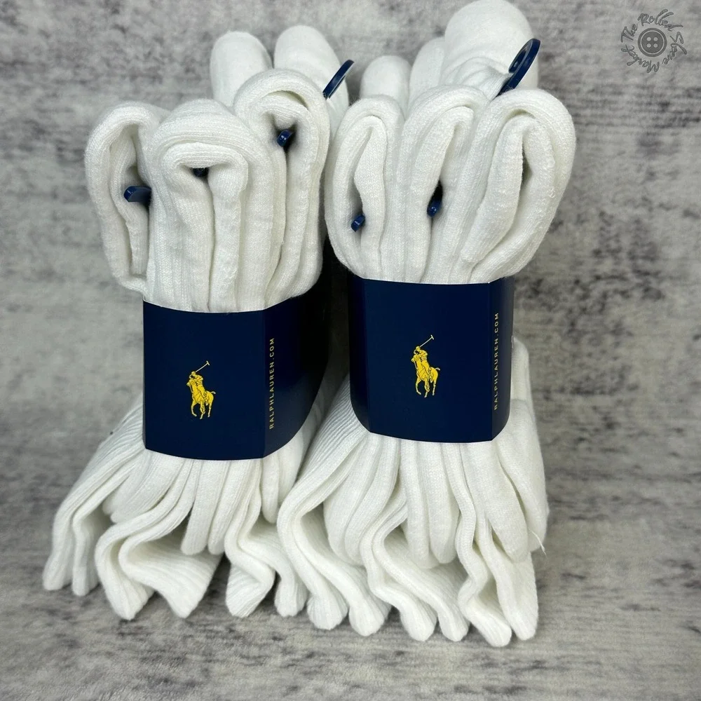 New - Lot of 2 - Polo Ralph Lauren Classic Sport Crew‎ Socks White 6 Pair Packs